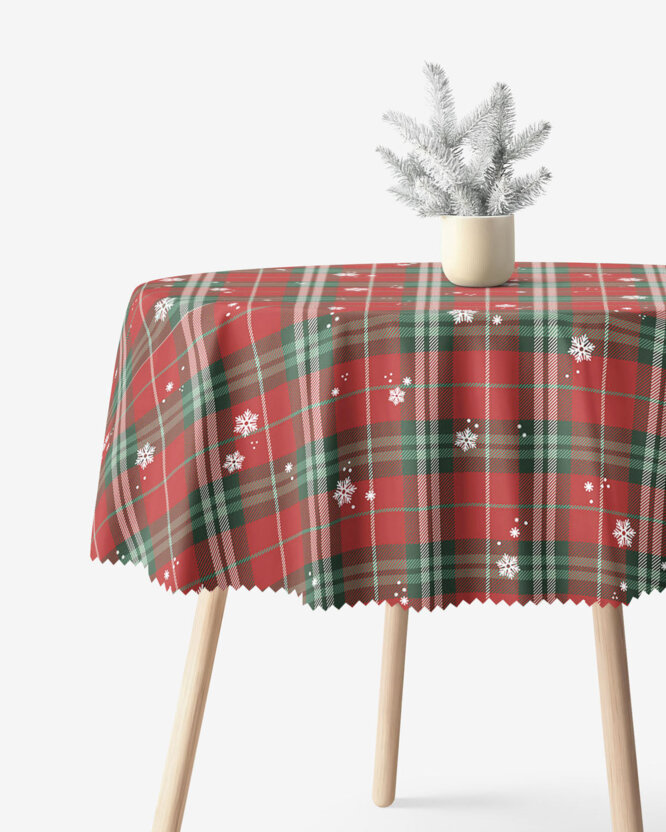 Runde Weihnachts-Tischdecke Teflon - Rotkariert mit Schneeflocken